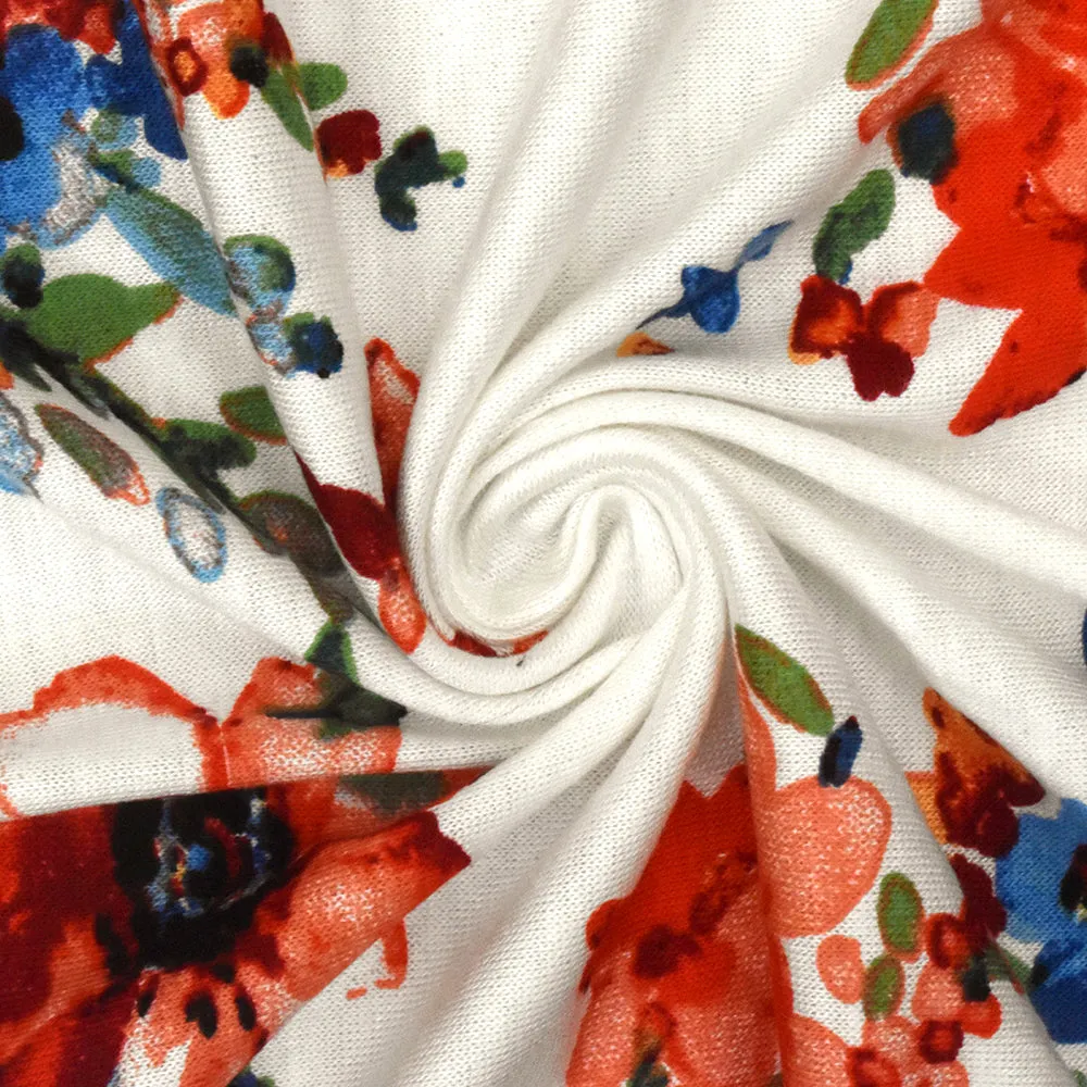 Ivory-Red-Multi Floral Printed Slub Rayon Stretch Jersey Knit Fabric