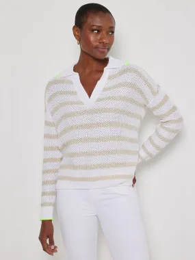 Lisa Todd Stripescape Collared V-Neck Sweater in White/Almond