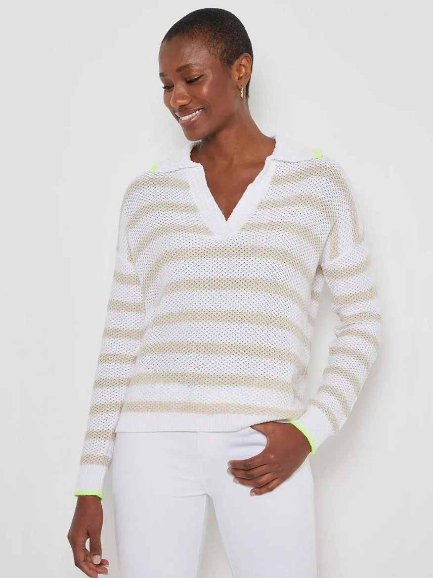 Lisa Todd Stripescape Collared V-Neck Sweater in White/Almond