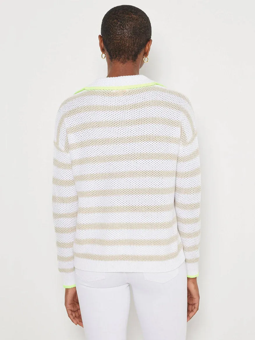 Lisa Todd Stripescape Collared V-Neck Sweater in White/Almond