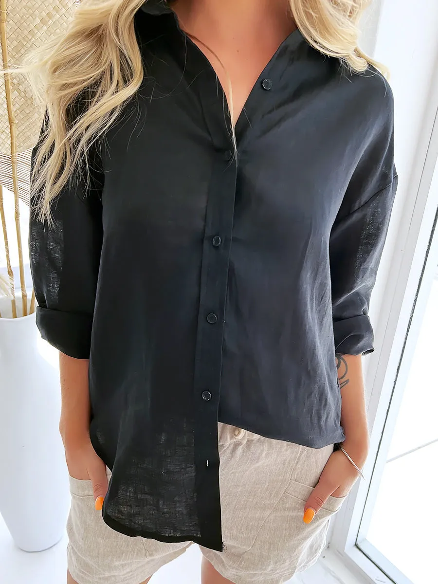 Little Lies / Linen Boyfriend Shirt - Black