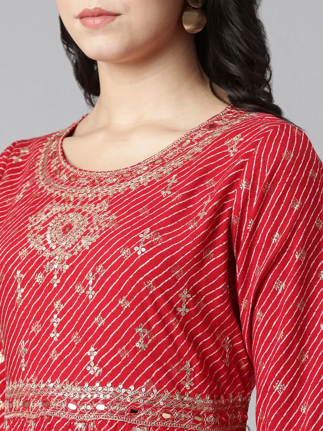 Neeru's Red Pleated Straight Embroidered Kurta And Trousers With Dupatta