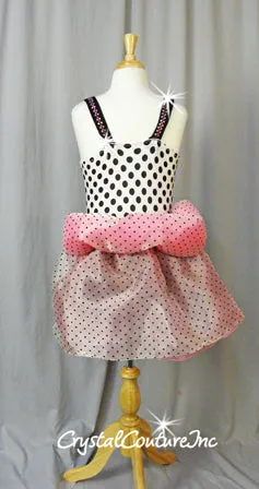 Pink/Black/White Polka Dot Leotard with Chiffon Bustle - Swarovski Rhinestones