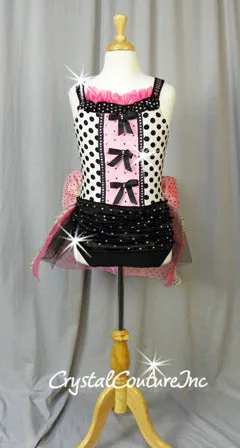 Pink/Black/White Polka Dot Leotard with Chiffon Bustle - Swarovski Rhinestones