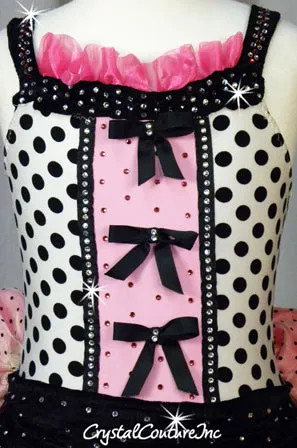 Pink/Black/White Polka Dot Leotard with Chiffon Bustle - Swarovski Rhinestones