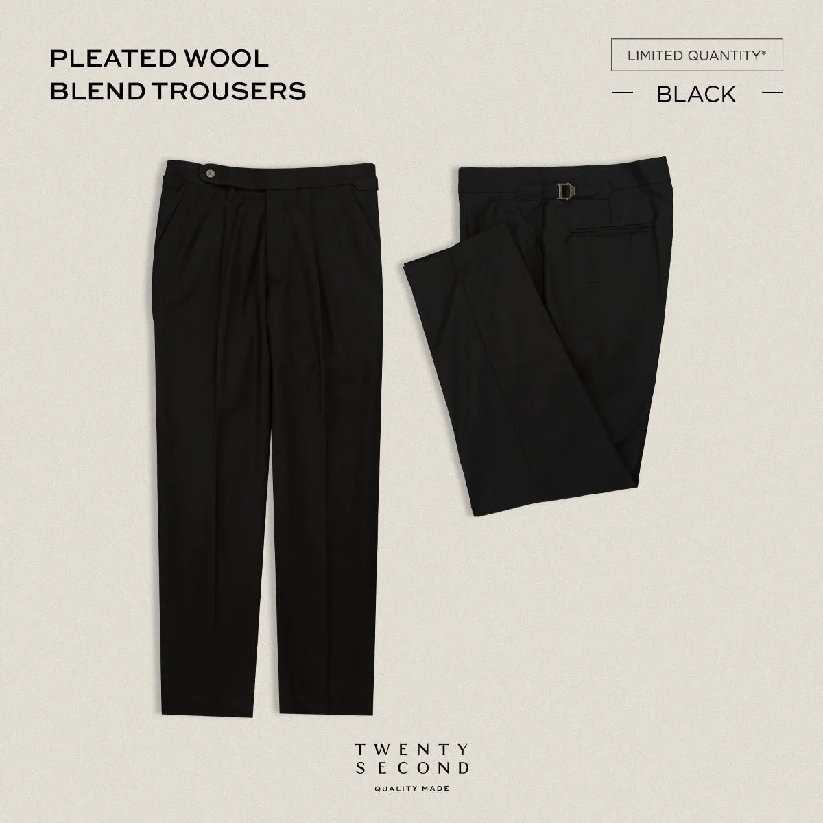PLEATED WOOL BLEND TROUSERS - BLACK