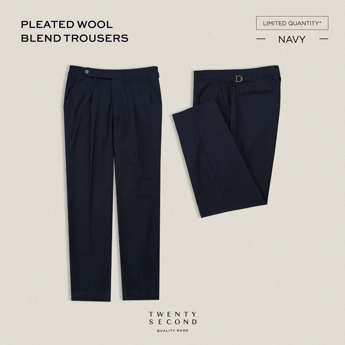 PLEATED WOOL BLEND TROUSERS - DARK BLUE