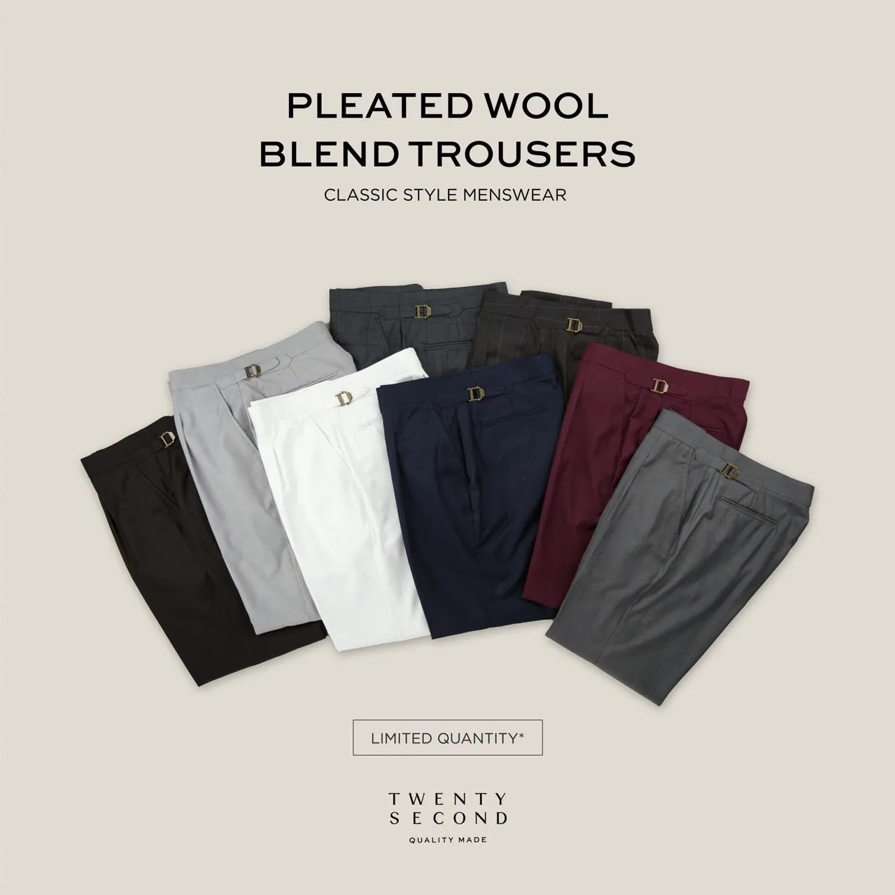 PLEATED WOOL BLEND TROUSERS - SILVER
