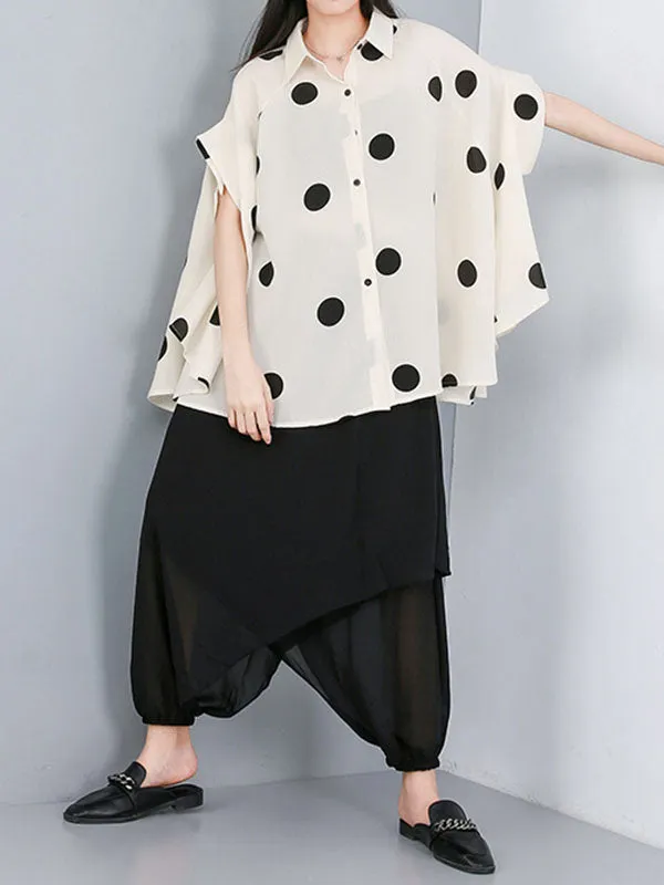 Polka-Dot Batwing Sleeves High-Low Lapel Blouses&Shirts Tops