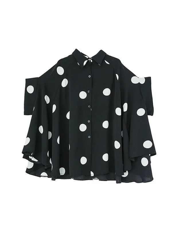 Polka-Dot Batwing Sleeves High-Low Lapel Blouses&Shirts Tops