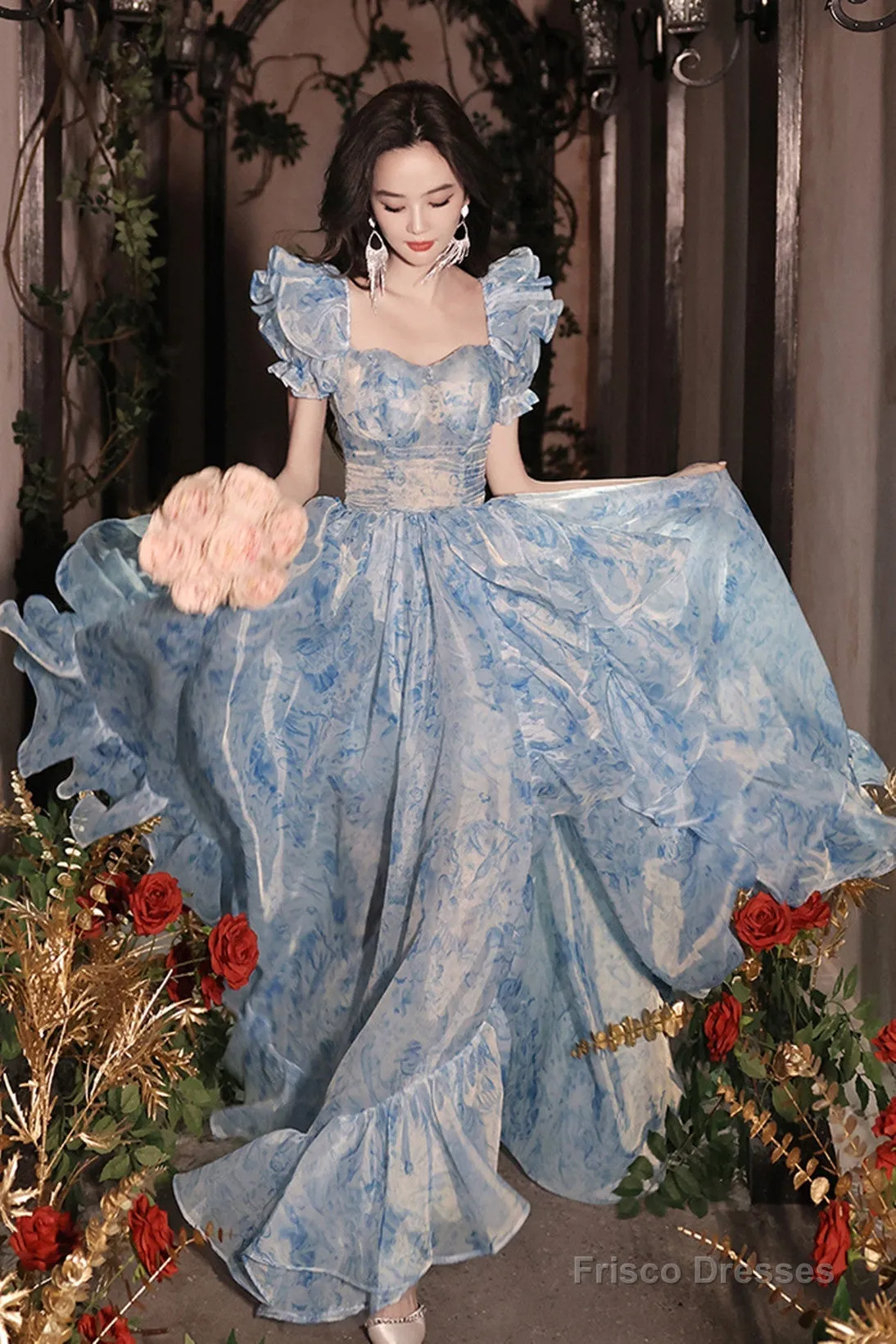 Pretty Light Blue Floral Short Sleeves Long Prom Dress, Light Blue Evening Dress