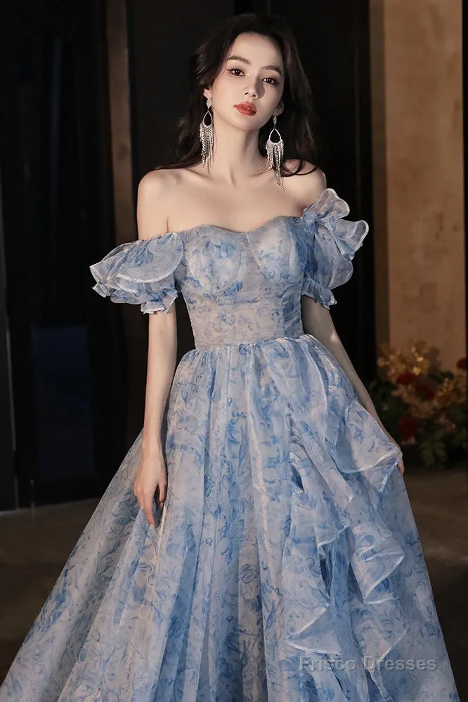Pretty Light Blue Floral Short Sleeves Long Prom Dress, Light Blue Evening Dress