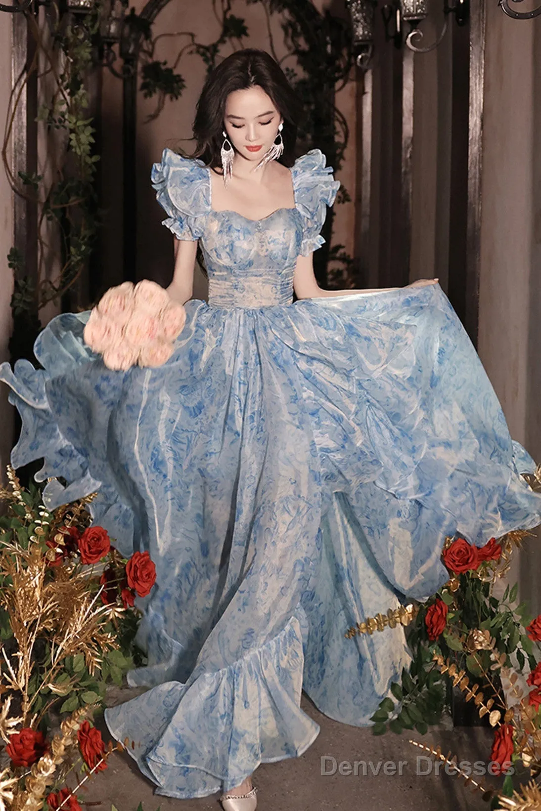 Pretty Light Blue Floral Short Sleeves Long Prom Dress, Light Blue Evening Dress