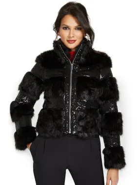 Sequin-Detail Faux-Fur Jacket