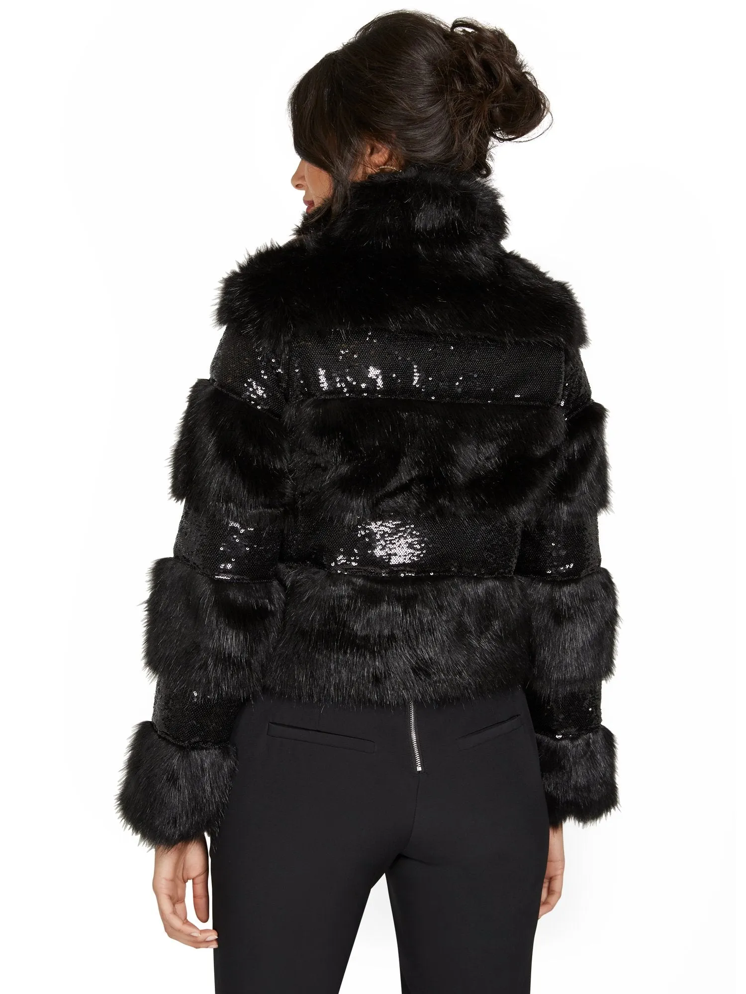 Sequin-Detail Faux-Fur Jacket