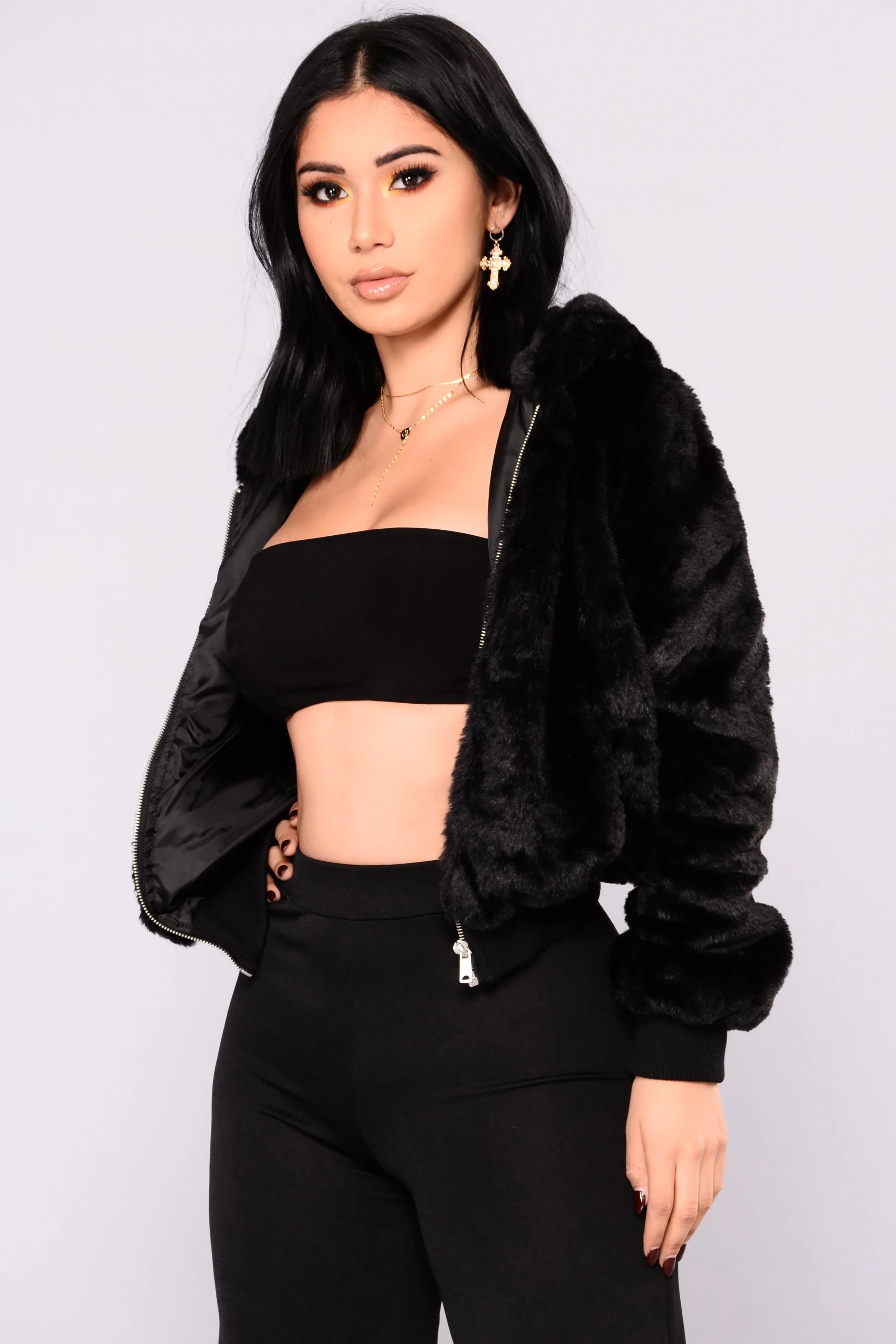 Snuggle Me Up Faux Fur Hoodie - Black