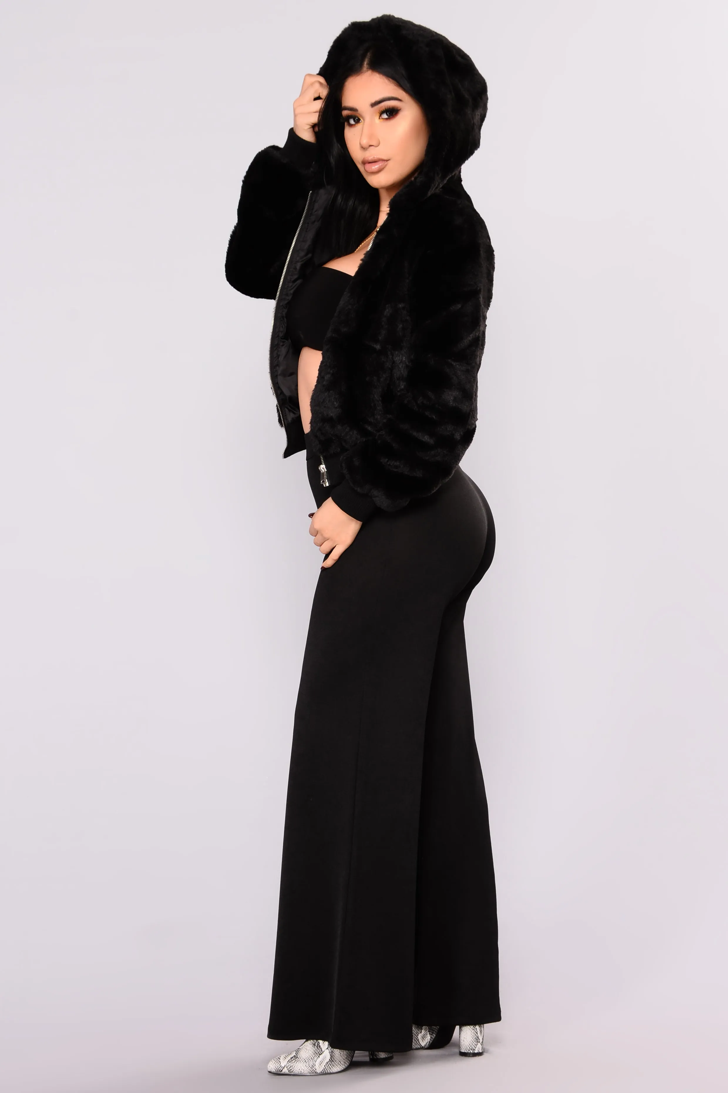 Snuggle Me Up Faux Fur Hoodie - Black