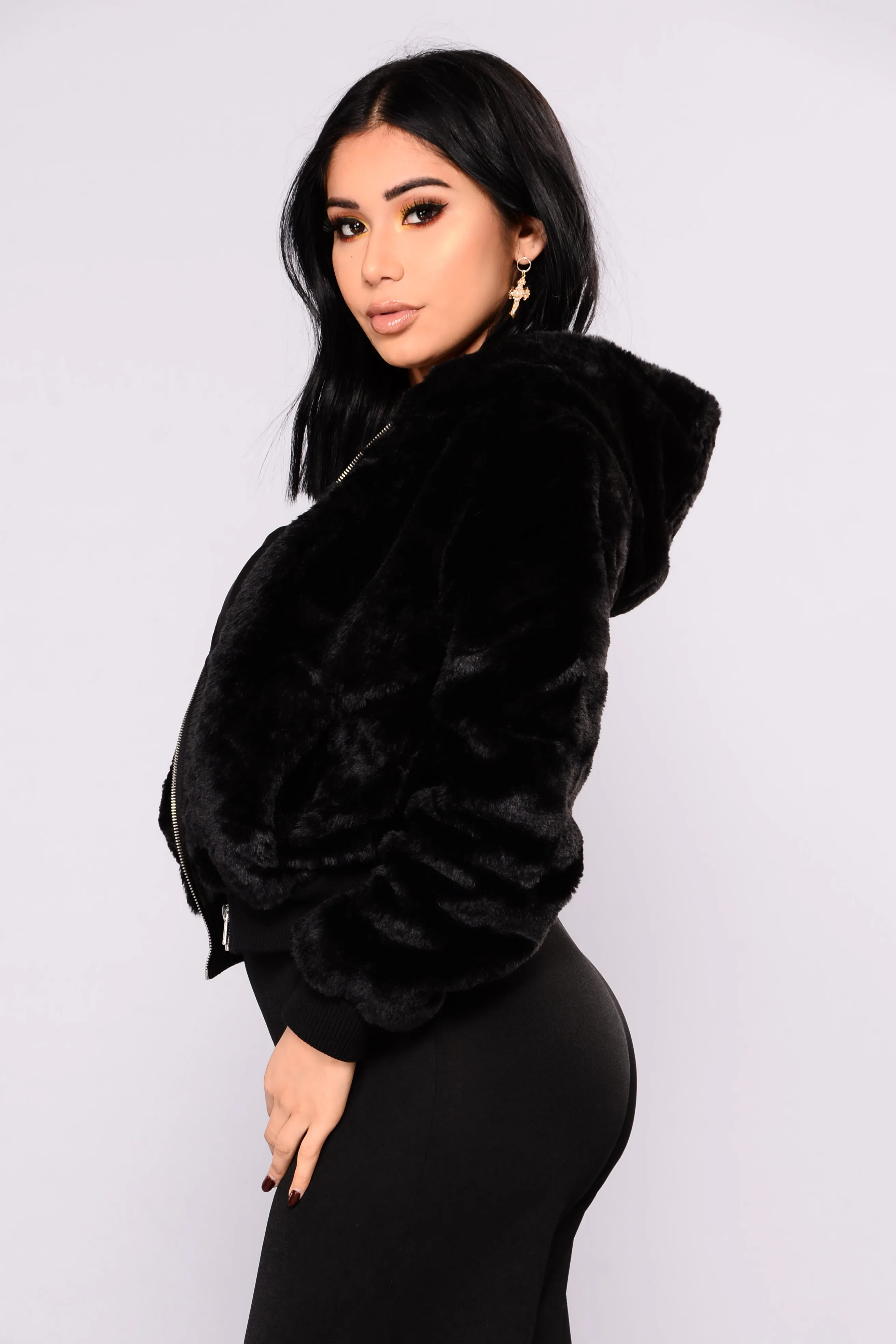Snuggle Me Up Faux Fur Hoodie - Black