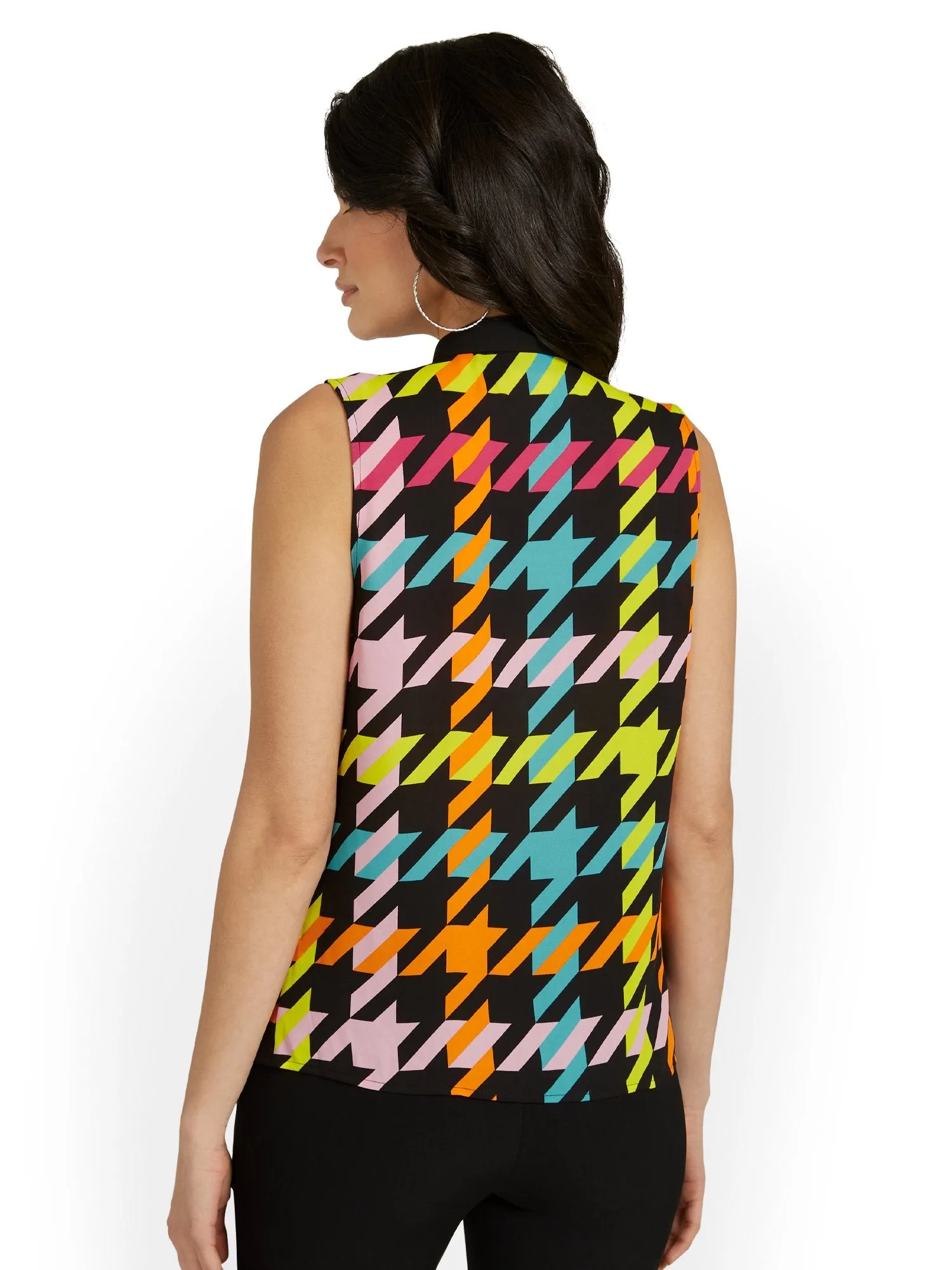 Tall Houndstooth Bow-Neck Blouse