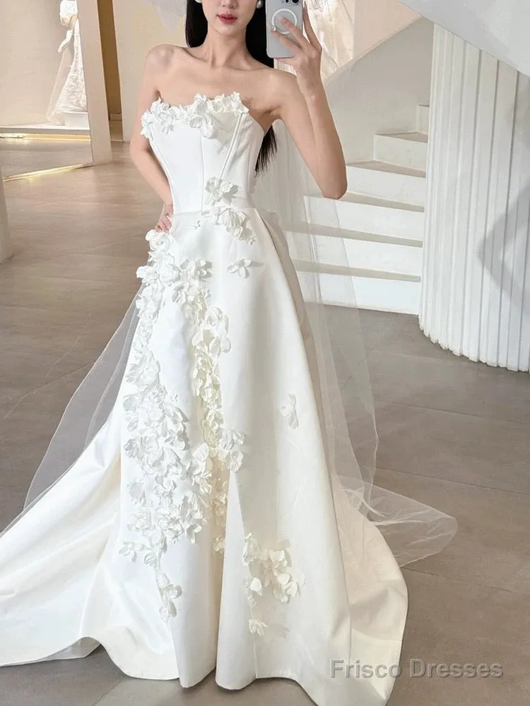 Unique Ball Gown Strapless Neckline Long White Satin Floral Wedding Dresses