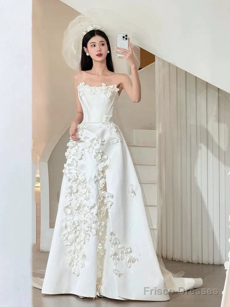 Unique Ball Gown Strapless Neckline Long White Satin Floral Wedding Dresses