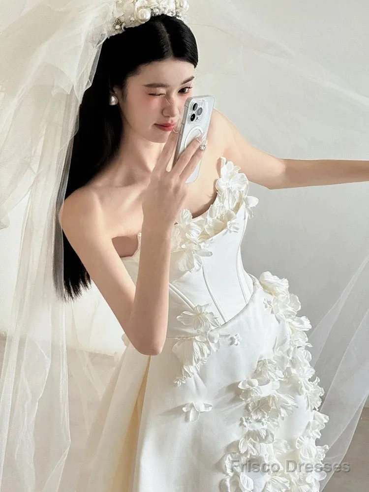 Unique Ball Gown Strapless Neckline Long White Satin Floral Wedding Dresses