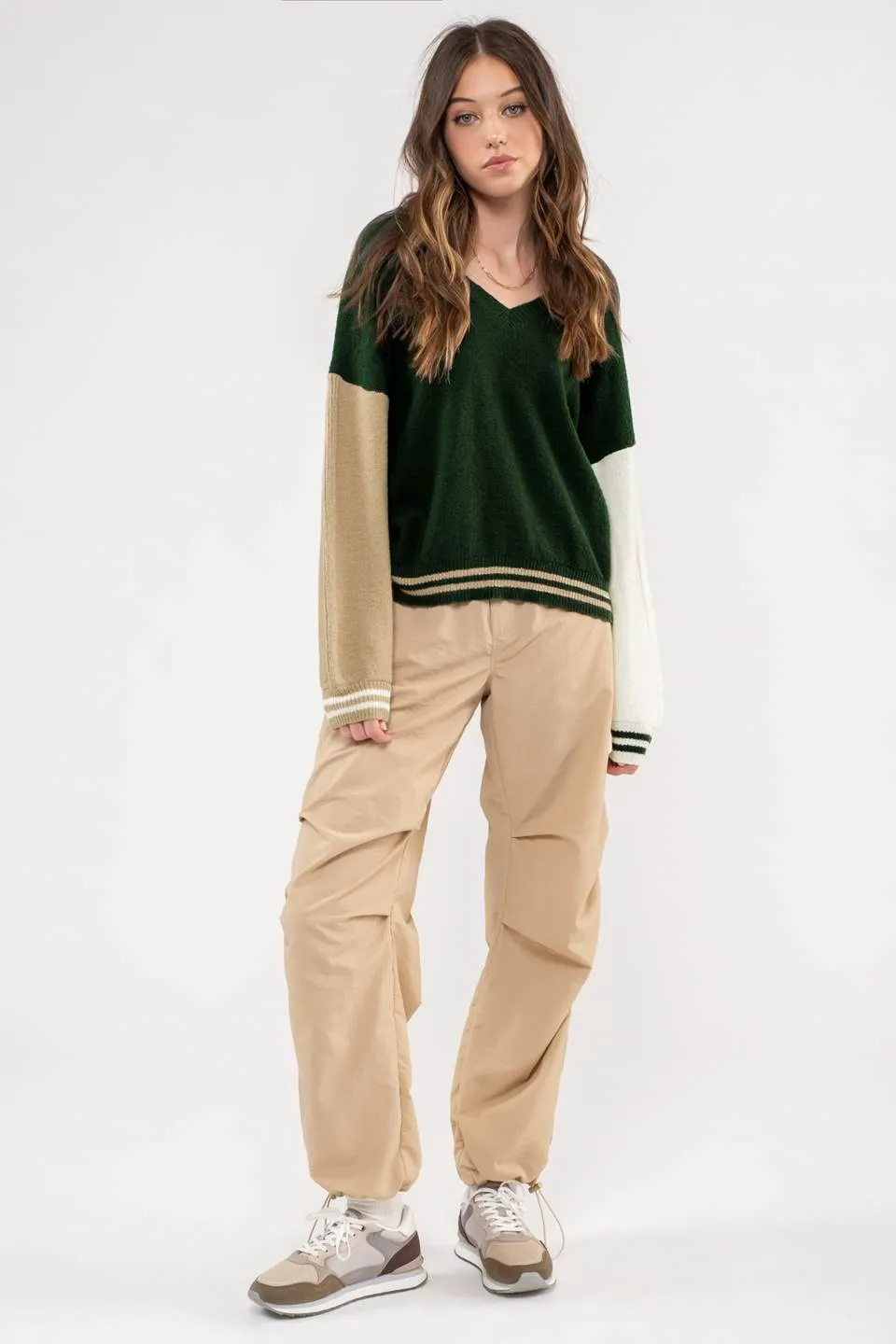 V NECK COLORBLOCK PULLOVER SWEATER