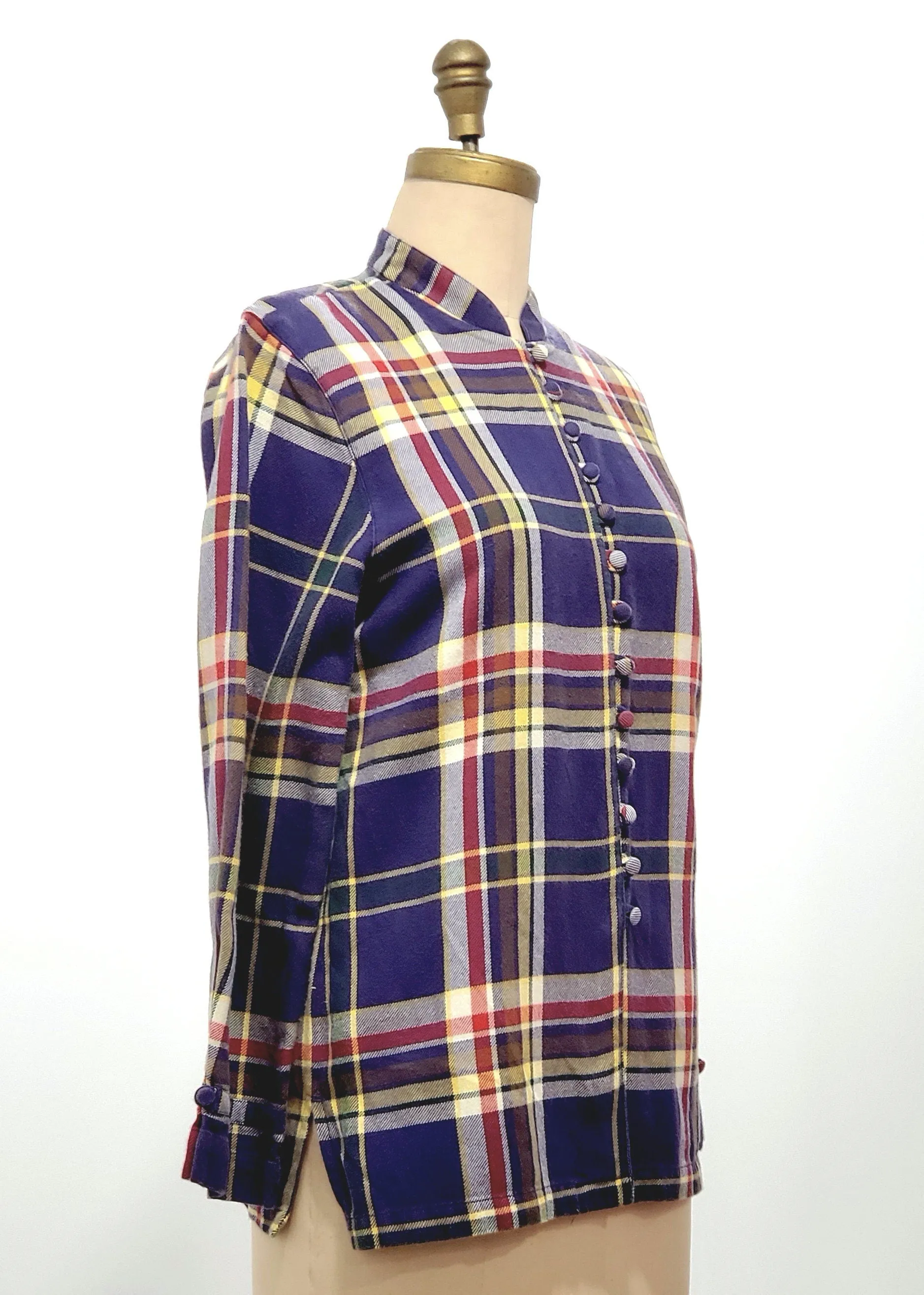 Vintage 1970s French plaid shirt | 70s cotton plaid print button front shirt size S - M