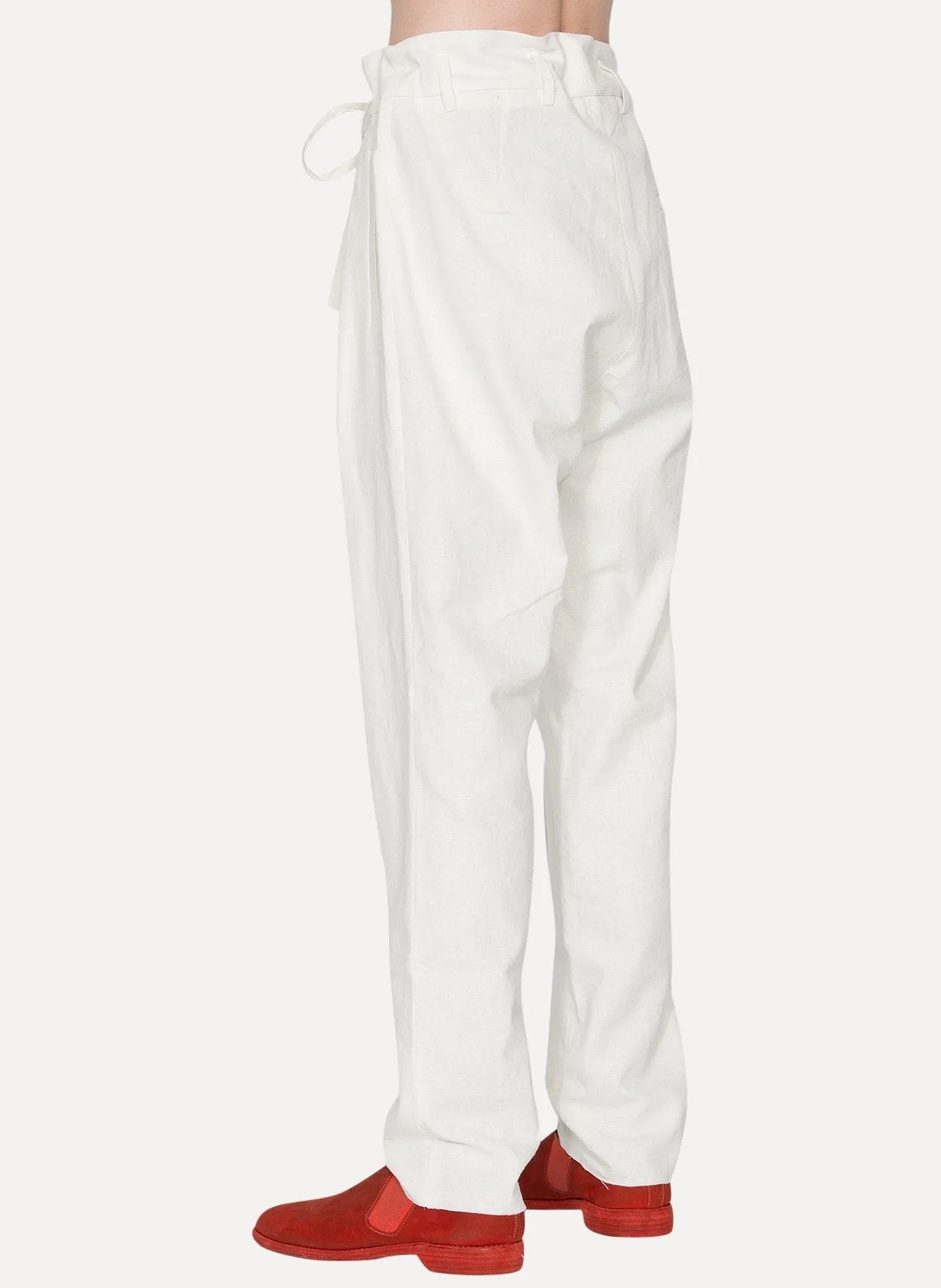 White Cotton Linen Pleat Trouser