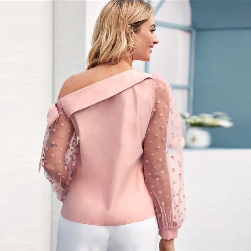 Women's Summer Mesh-Sleeved Cotton Asymmetrical Blouse