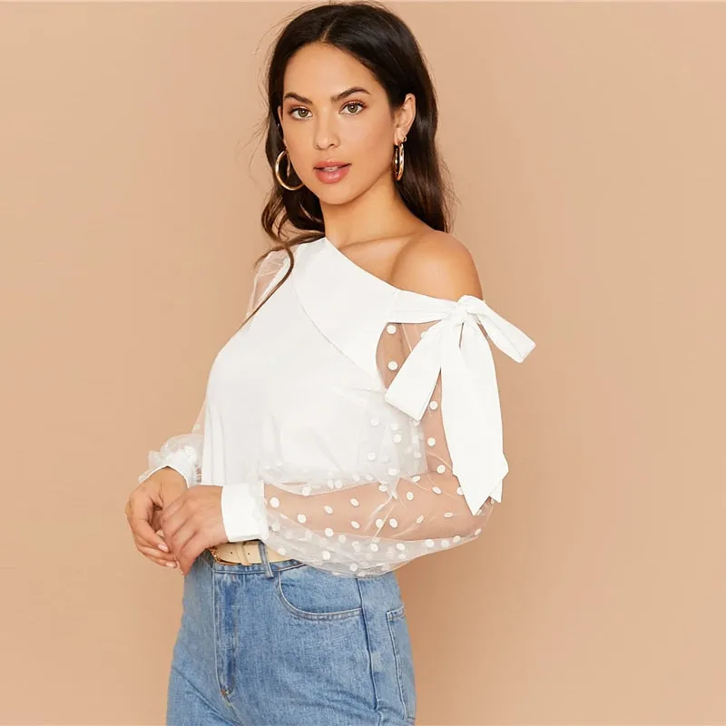 Women's Summer Mesh-Sleeved Cotton Asymmetrical Blouse