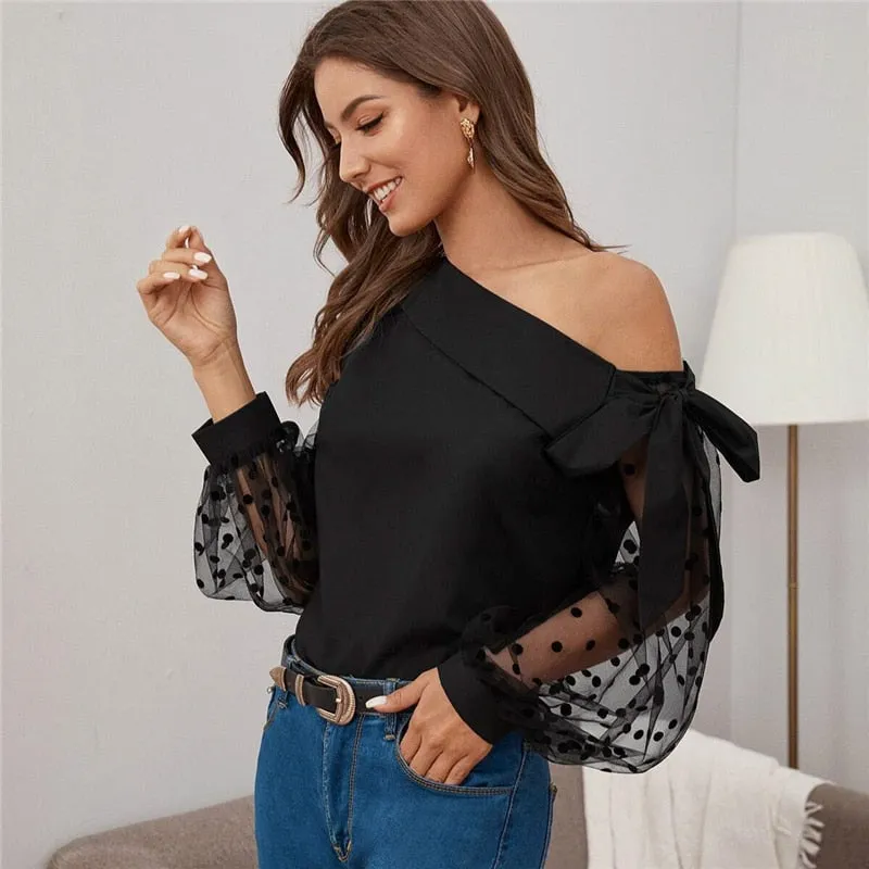 Women's Summer Mesh-Sleeved Cotton Asymmetrical Blouse