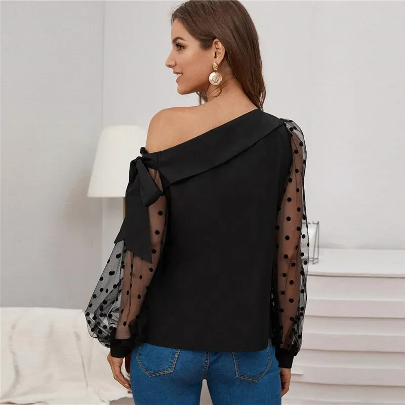 Women's Summer Mesh-Sleeved Cotton Asymmetrical Blouse