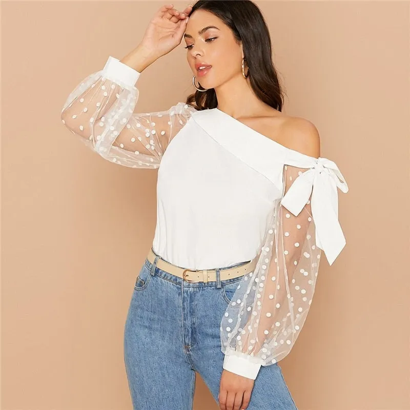 Women's Summer Mesh-Sleeved Cotton Asymmetrical Blouse