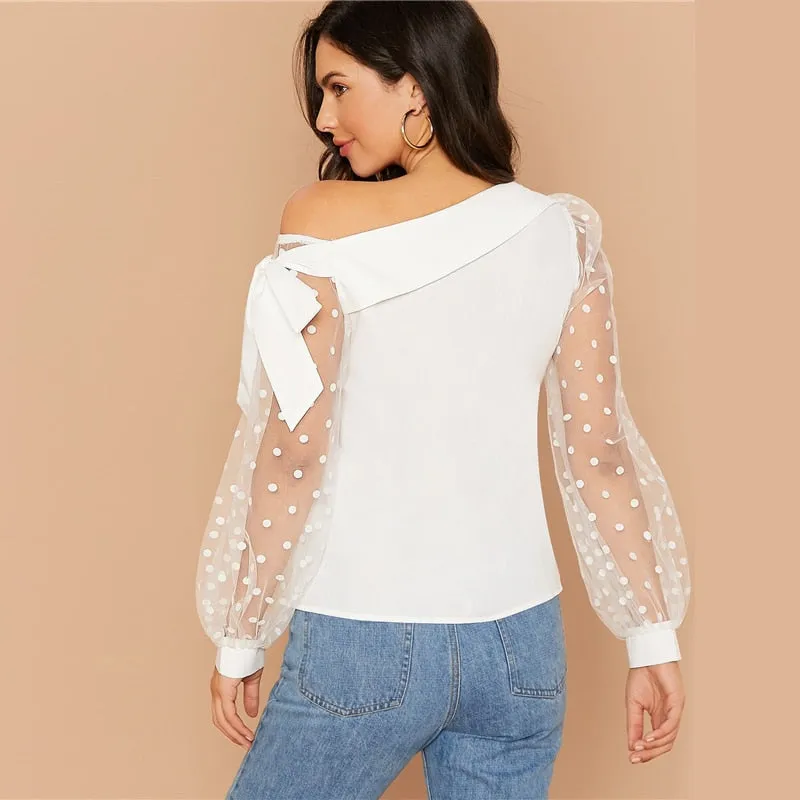 Women's Summer Mesh-Sleeved Cotton Asymmetrical Blouse