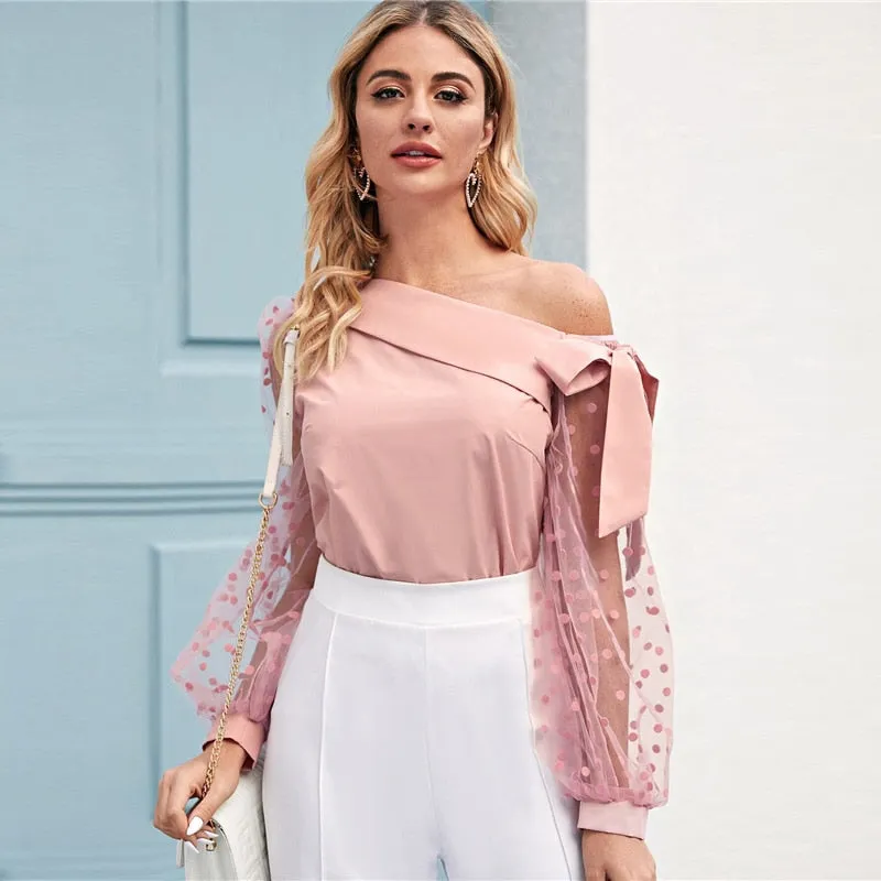 Women's Summer Mesh-Sleeved Cotton Asymmetrical Blouse