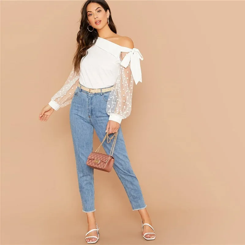 Women's Summer Mesh-Sleeved Cotton Asymmetrical Blouse